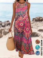 2026 Damen ärmelloses, böhmisches Blumenmuster, lässiges Strand-Midikleid mit Taschen, fließend und locker, Sweetheart im rustikalen Country-Stil