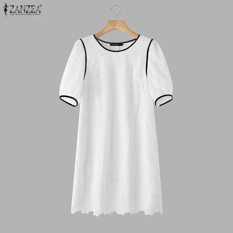 ZANZEA Sommerkleider für Damen, Lochstickerei, O-Ausschnitt, halbe Puffärmel, kontrastfarbene Borte, knielanges Kleid, lässige A-Linien-Roben