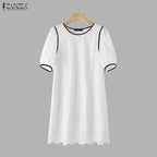 ZANZEA Sommerkleider für Damen, Lochstickerei, O-Ausschnitt, halbe Puffärmel, kontrastfarbene Borte, knielanges Kleid, lässige A-Linien-Roben