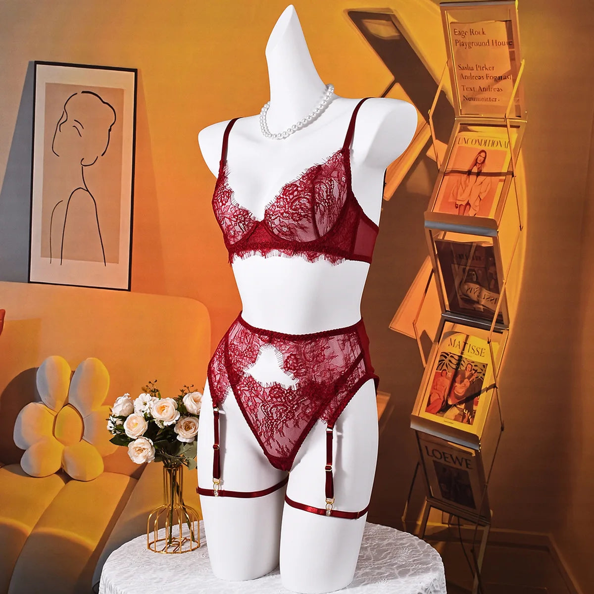 Elegant Lingeries Sexy Hot Exclusive Coffee Bra Belt Thong 3PC with Leg Circles Cute Intimate Lace Tempted Tipsy Set