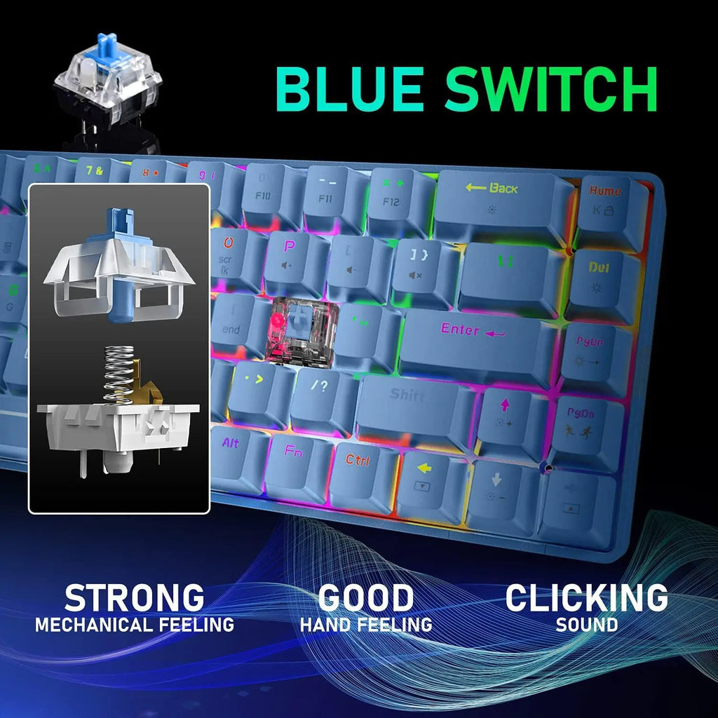 65 % kabelgebundenes mechanisches Gaming-Tastatur- und Maus-Combo, Mini-Tastatur mit 68 Tasten, RGB-Hintergrundbeleuchtung, leichte optische RGB-Wabenmaus