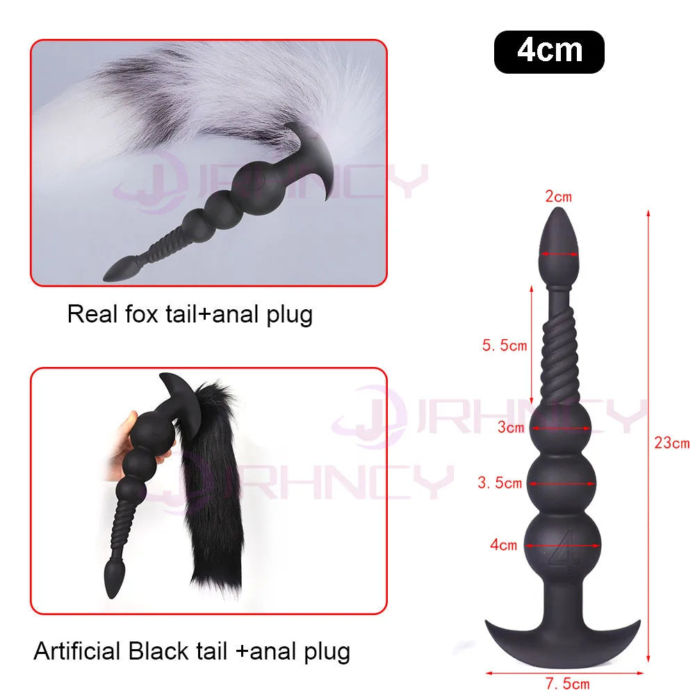 3-10cm Großer Analsex Plug mit Schwanz Sexspielzeug für Erwachsene Spiele Paare DIY Cosplay Großer Butt Plug Silikon Weich Lang Anal Beads Frauen