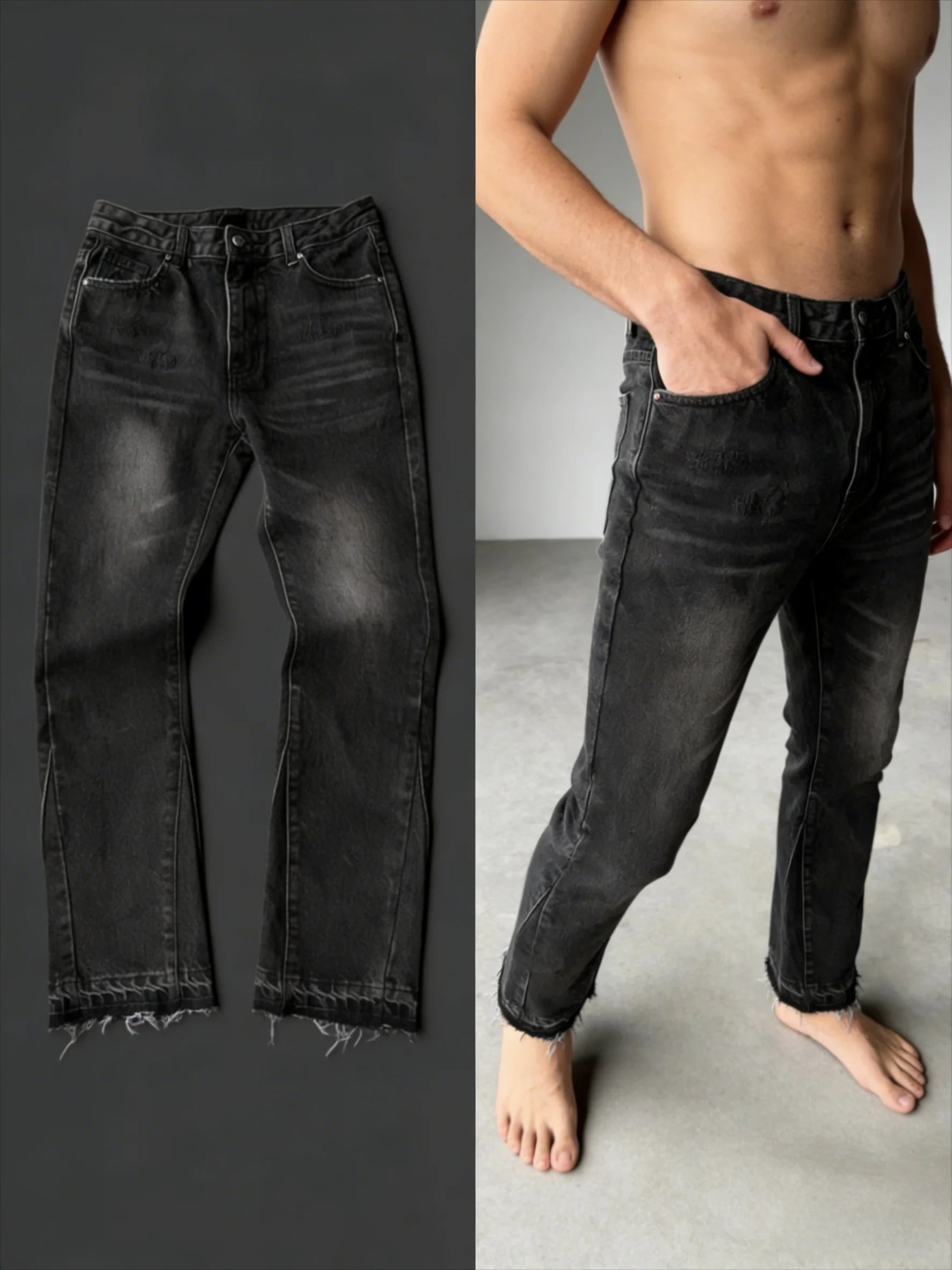 Y2K Black Washed Bestickte High-Waisted Oversized Jeans Herren Europäischer und Amerikanischer Retro Klassiker Lockere Weite Gerader Schnitt Hosen