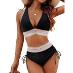Sexy tiefer V-Ausschnitt Bikini Set Damen 2026 Sommer Strand mit Brustpolster Bademode High Waist Kordelzug Triangel Bikini