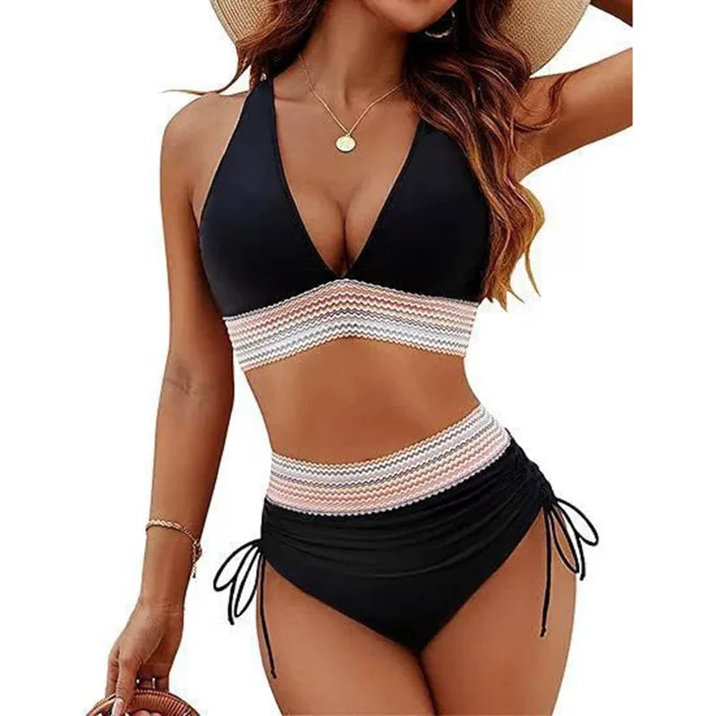 Sexy tiefer V-Ausschnitt Bikini Set Damen 2026 Sommer Strand mit Brustpolster Bademode High Waist Kordelzug Triangel Bikini