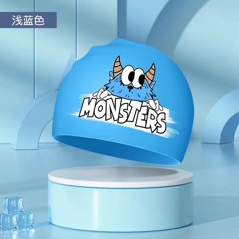 Kids Swim Cap High Elastic Waterproof Silicone Breathable Lightweight Cartoon Pattern for Pool Swimming Boys Girls Comfort Fit