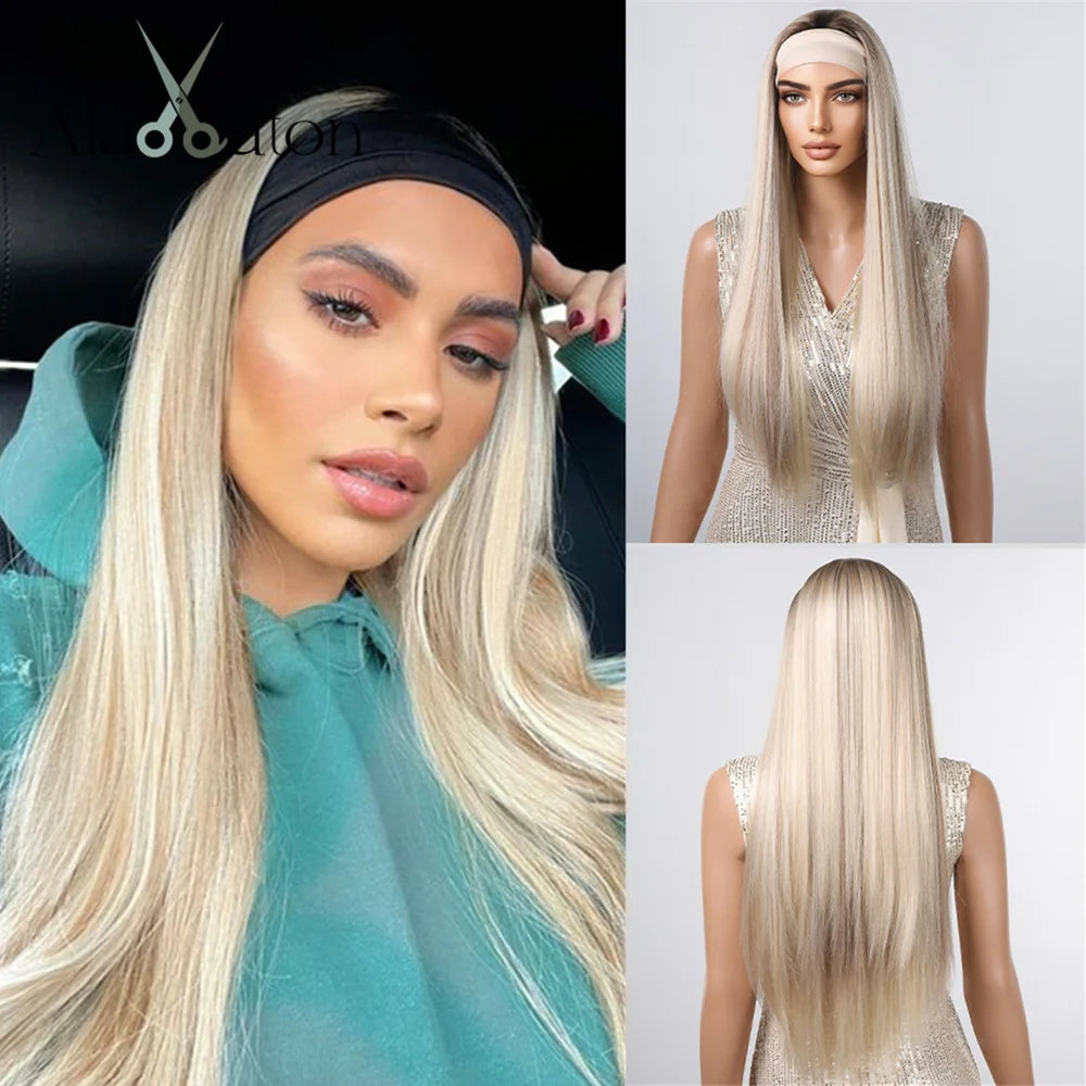 ALAN EATON Lange blonde synthetische Stirnbandperücke Ombre Blond glattes Haar Perücken natürlich aussehend Hitzebeständige Faser für den täglichen Gebrauch