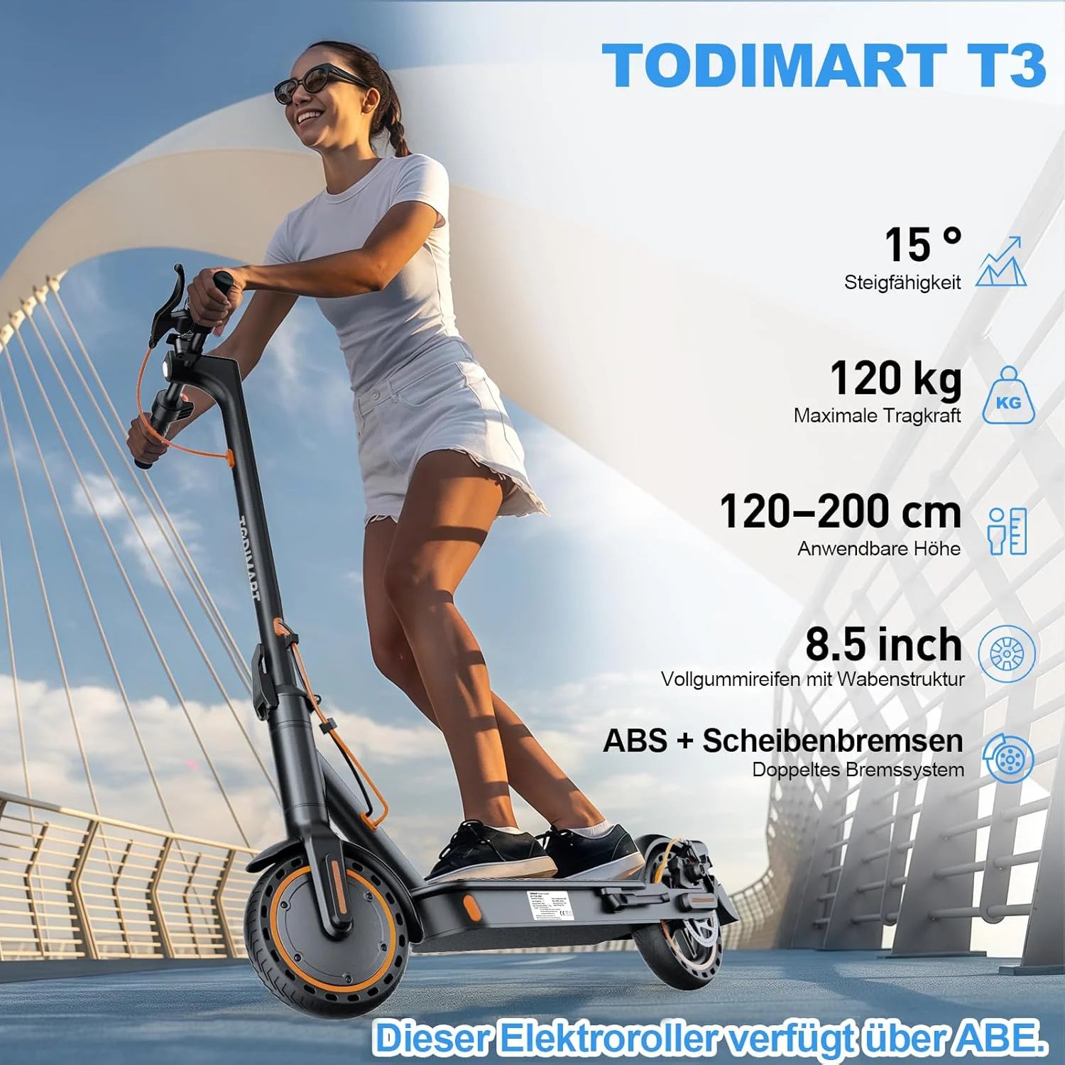 Todimart T3 ABE Elektroroller für Erwachsene, 36V 7.8AH, Spitzenleistung 500W, 25-35KM, 8,5-Zoll-Wabenreifen, Urbaner Elektroroller
