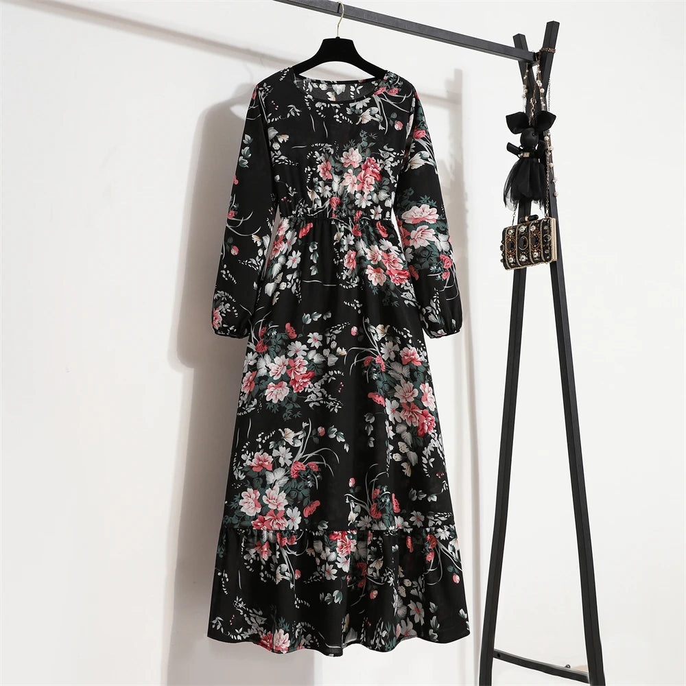 Frühling Sommer Damen Maxikleider Casual Langarm Geblümt O-Ausschnitt Damen Boho Strandparty Langes Kleid Mujer Vestidos
