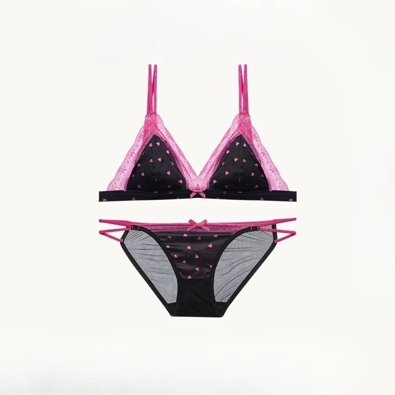 Französischer Stil Süßer Triangel-BH Lingerie Set Damen Satin Spitze Drahtlos Kleiner Busen Raffiniert Dünner Stoff Sexy Weiche Unterwäsche S-XL