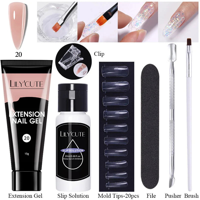 LILYCUTE 15ml Verlängerungsgel-Nagellack-Set Quick Nail Prolong mit Verlängerungsform-Nagelspitzen Acryl-Lösung Maniküre-Werkzeug-Kit