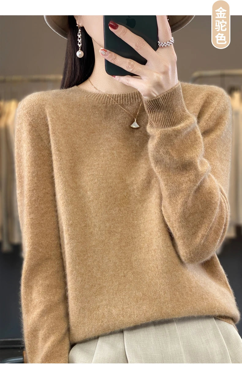 100 % Merinowolle Pullover Damen O-Ausschnitt Kaschmir Strickwaren Female Pullover Herbst Winter Freizeit Oberteile Einfarbig Weiche Kleidung