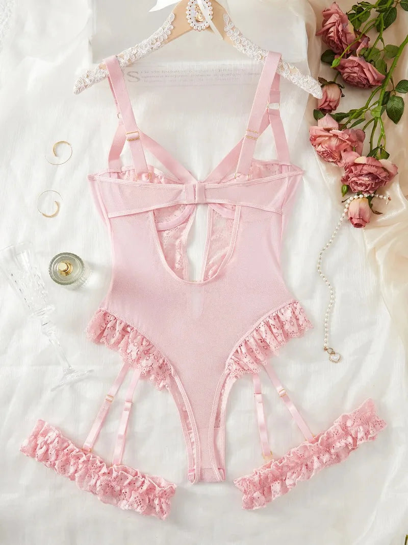 2pcs Red Floral Lace Garter Lingerie Set With Choker Women Intimates 2025 Underwire Bra And Thongs Ladies Underwear Set