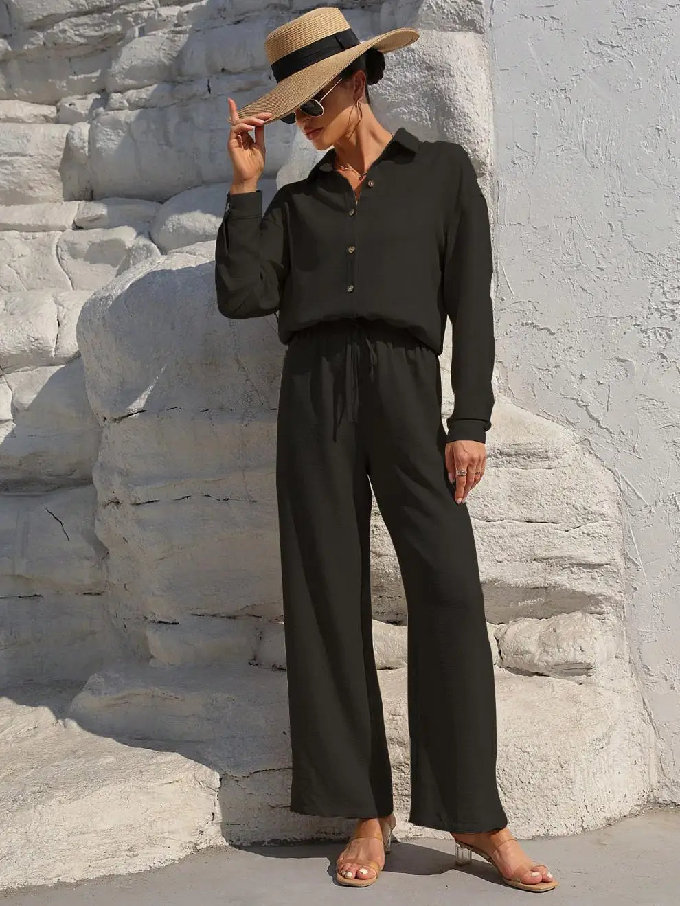Große Größen Casual Locker Zweiteiler Weites Bein Hose Langarmshirt Hellbeige Street Style Elegant Qualität Polyester Somm...