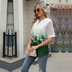 Sommerhemden Damen Spitze Patchwork Kurzarm Bluse Blumendruck Kleidung Mode Street Casual Täglich V-Ausschnitt Knopfleiste Tops 2025