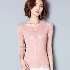 Glitzer-Netzbluse Sexy Damen Shirts Langarm-Oberteile Koreanisch Schwarz Pink O-Neck Elegante Slim Bluse Camisas Femininas