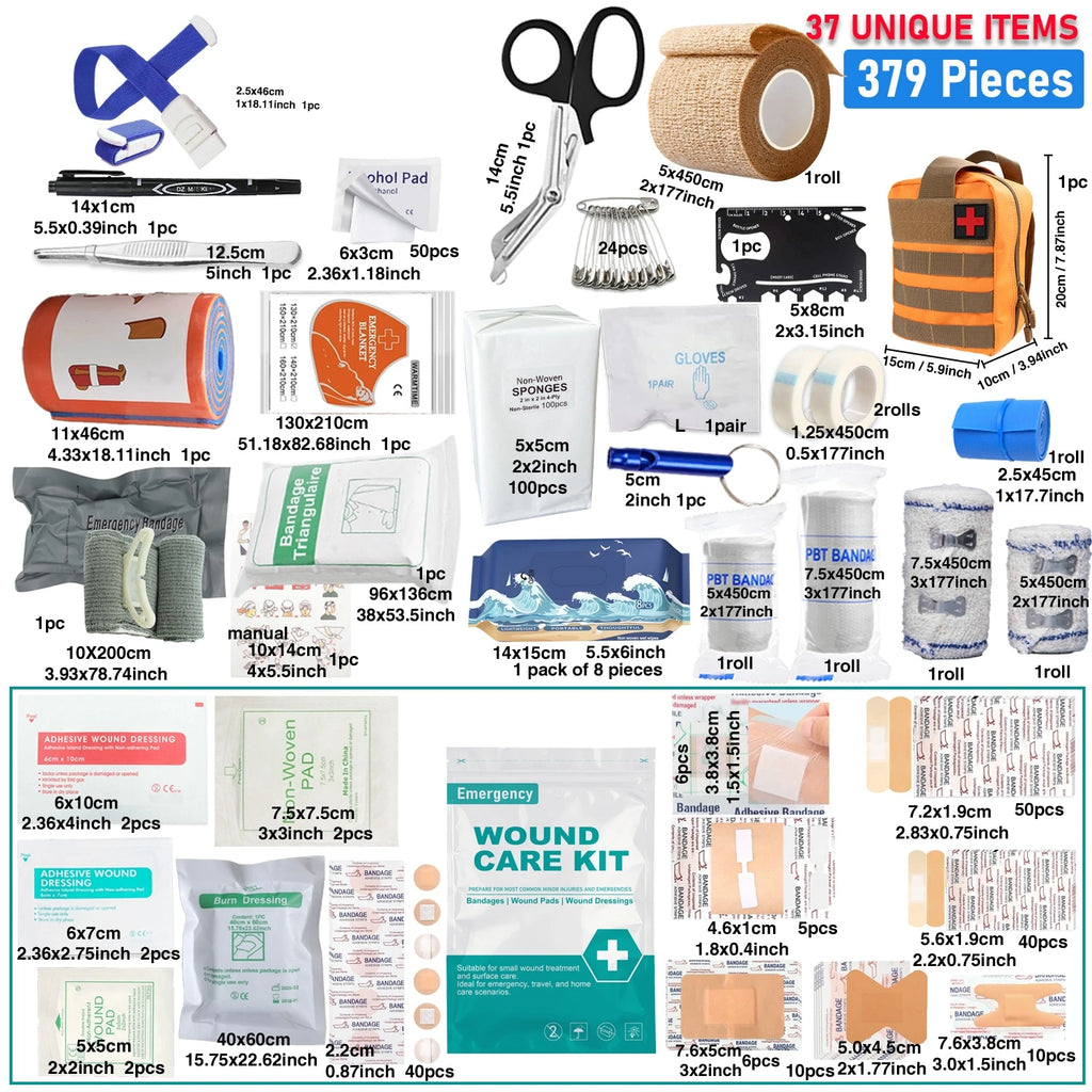 379-teiliges Erste-Hilfe-Set für Zuhause und Büro, tragbare Notfalltasche, rotes Survival-Handgepäck für Outdoor-Aktivitäten, Camping, Jagd, Wandern
