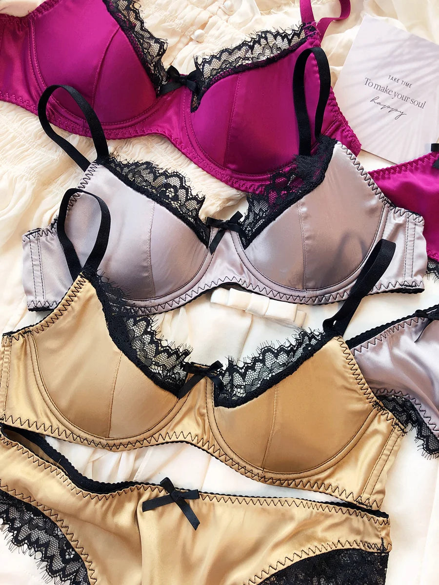 Französisches Dessous-Set mit dünnen Cups, sexy Spitze, Push-up-BH, Mode für Damen, Seidenstoff, Unterwäsche, hochwertige Intimates, BHs und Höschen