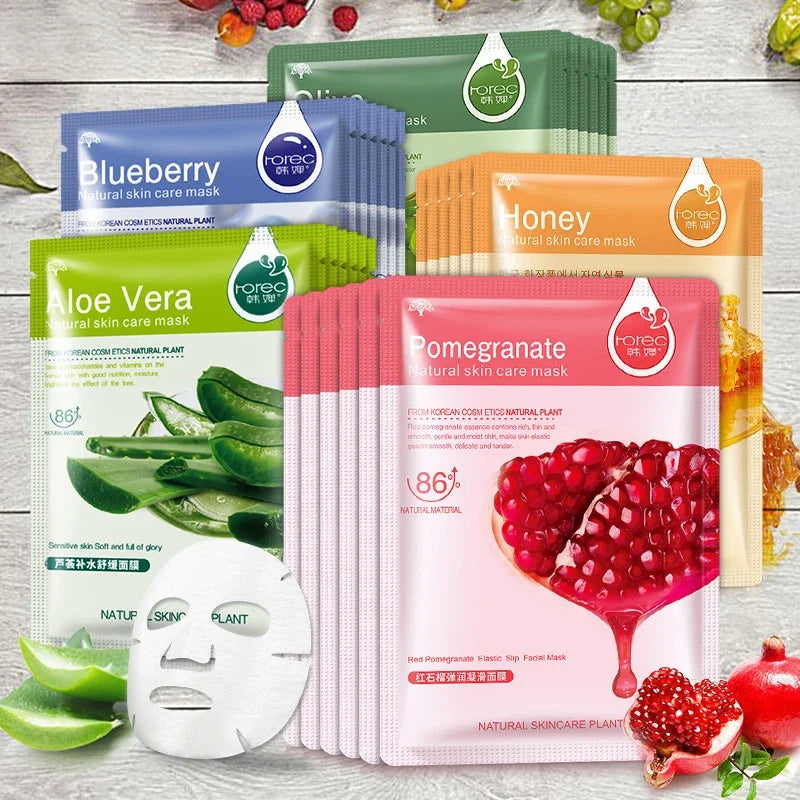 20 Stück natürliche Pflanzen-Gesichtsmaske Feuchtigkeitsspendend Öl-Kontrolle Anti-Aging Frucht Aloe Koreanische Tuchmaske Schönheit Hautpflegeprodukte