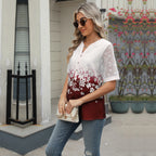 Sommerhemden Damen Spitze Patchwork Kurzarm Bluse Blumendruck Kleidung Mode Street Casual Täglich V-Ausschnitt Knopfleiste Tops 2025