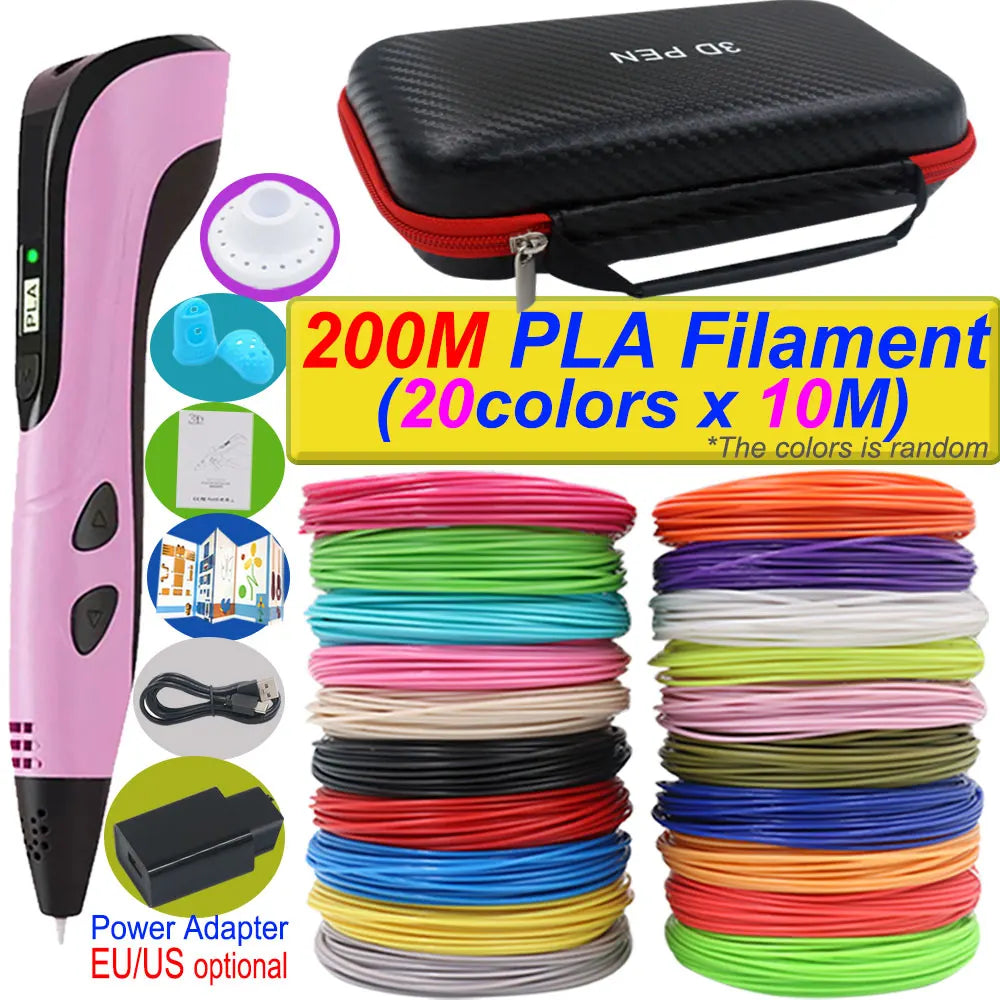 2026 Neue 3D-Druckstift DIY Dreidimensionale Malerei Kinderspielzeug mit LCD-Bildschirm Netzteil 200M PLA-Filament Spielzeug Geschenk