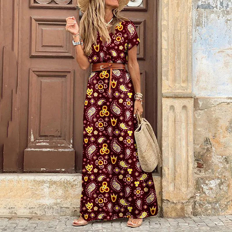 Sommer Bohemian Damen Maxikleid 2024 V-Ausschnitt Kurzarm Geblümt Strand Elegant Vintage Kleid mit Gürtel