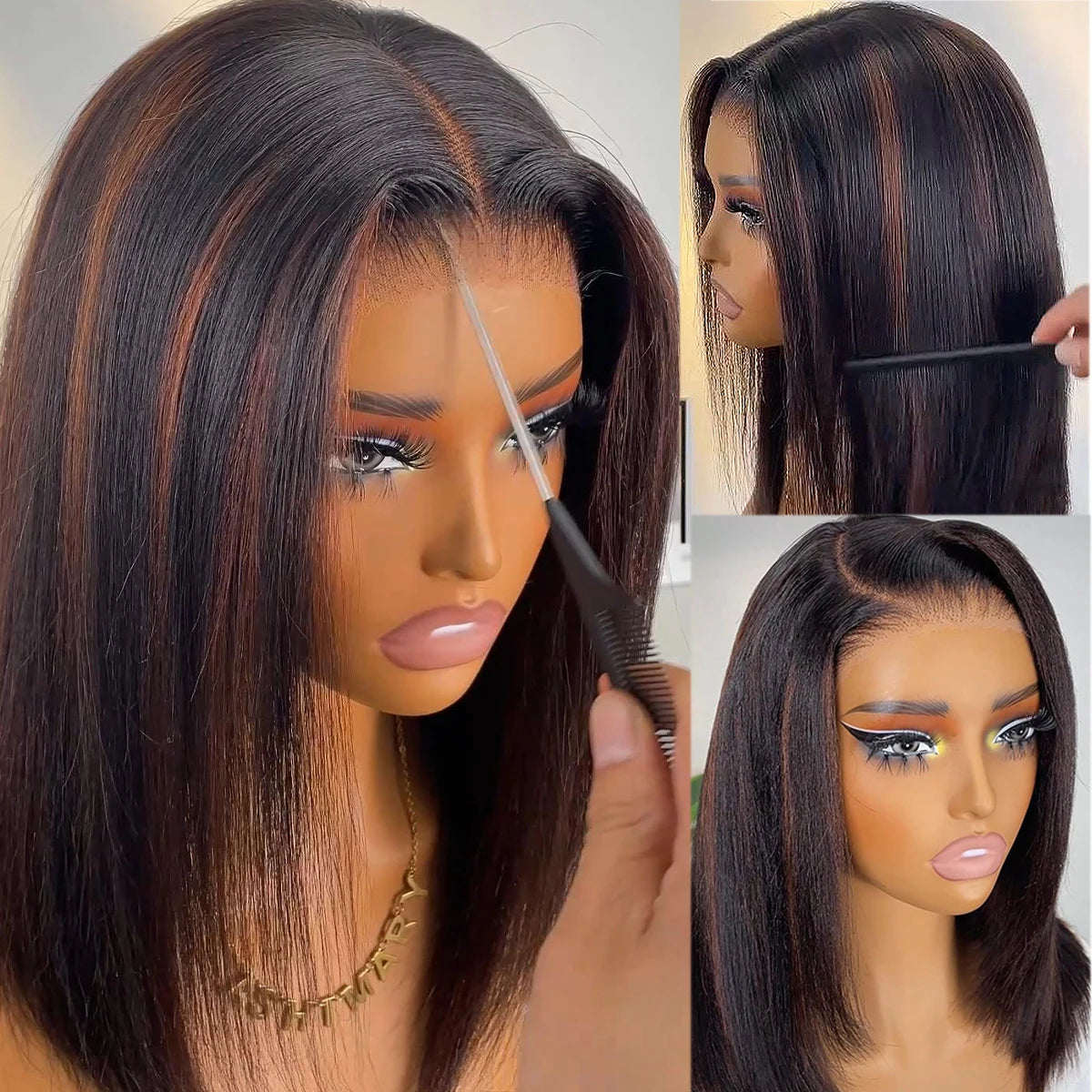 Highlight Brown Glueless 400 Dichte glatte Perücke ohne Kleber brasilianisches Echthaar 4x4/13x6 HD Lace Front Ready-to-wear Perücke 18 Zoll