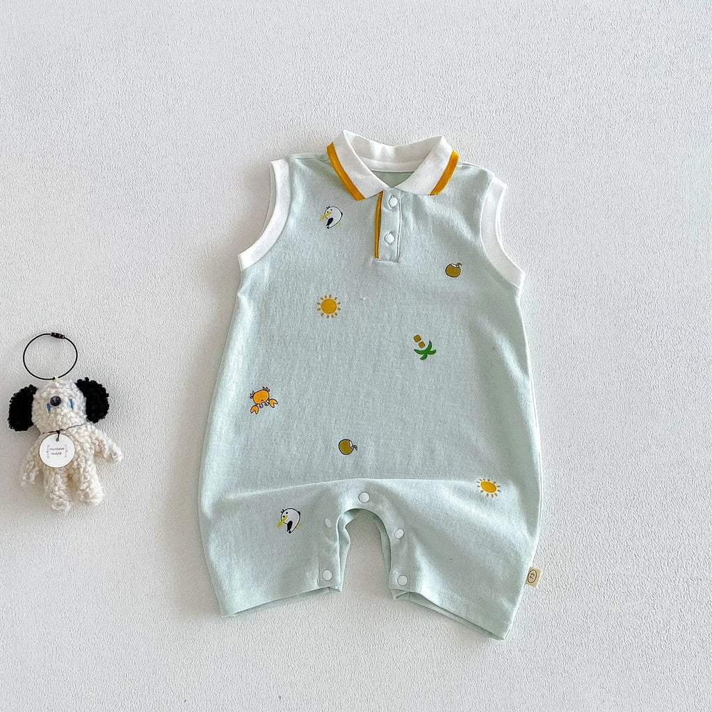2026 Neue Sommer-Babykleidung 0-2 Jahre Cartoon-Print Ärmelloser Polo-Strampler Atmungsaktives Mesh-Gewebe mit Knopfleiste und Druckknopfverschluss