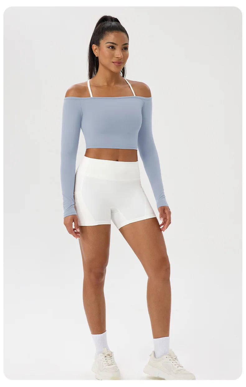 Yoga Langarm T-Shirt Damen Ein-Schulter Sexy Eng Anliegende Fitness-Oberteile Nude-Feel Schnelltrocknendes Sport Langarm Yoga Shirts