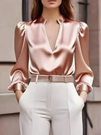 Neue Satinbluse für Damen V-Ausschnitt Langarm Französisches Oberteil Mode Pullover Weiß Einfache Büro Professionelle Damen Rosa Blusen