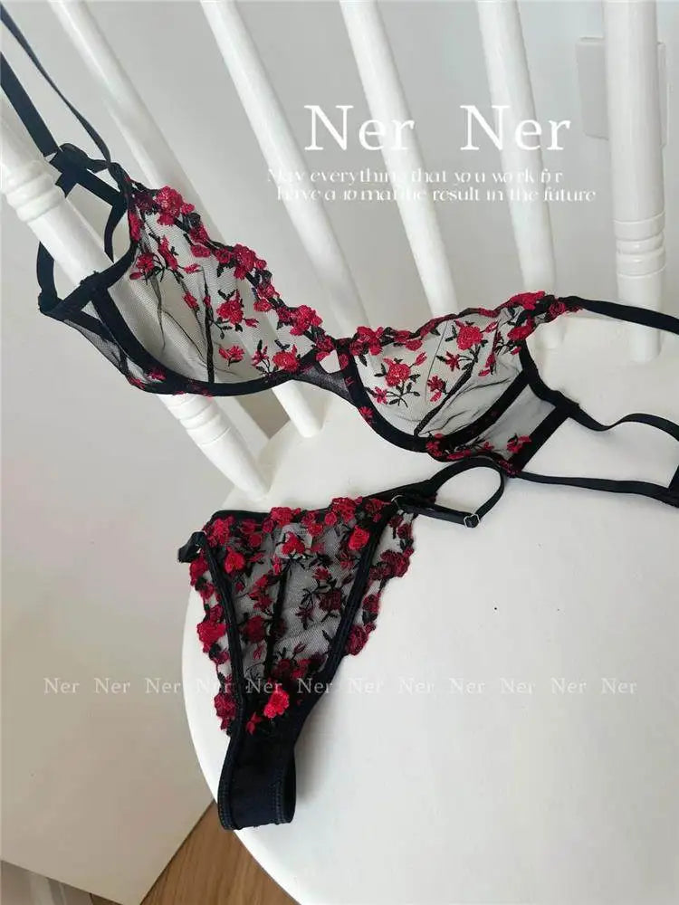 YUQI Französisches Luxus-Dessous-Set – sexy BH- und Höschen-Set mit floraler Stickerei in Schwarz, durchsichtige, transparente, verführerische Damen-Unterwäsche