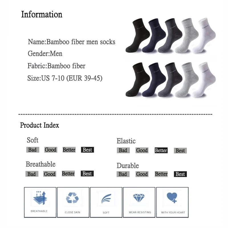 5 Paar/Herren Bambussocken Bequem Atmungsaktiv Freizeit Business Herren Crew Socken Hohe Qualität Antibakteriell Wadenhohe Socken EU39-45