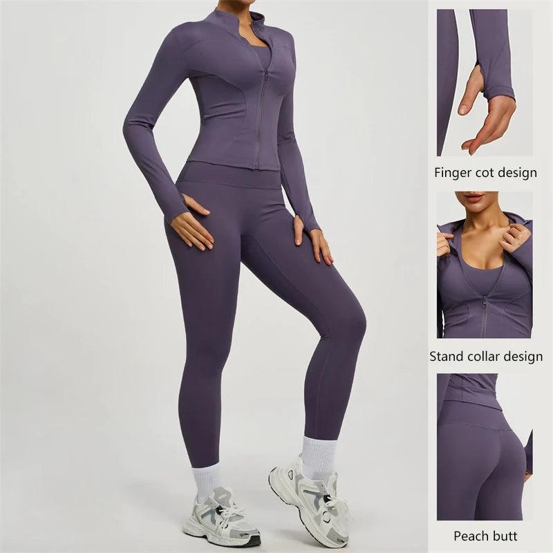 SVEIC Damen Zweiteiliger Trainingsanzug Yoga Set Langarmjacke High Waisted Leggings Atmungsaktive Sportkleidung Für Frauen