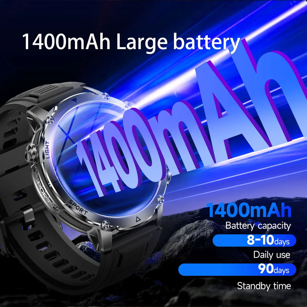 2026 Neue TANK Ultra 1400mAh Akku Militär Smartwatch 10ATM Wasserdicht Herzfrequenz Taktische LED Taschenlampe Herren Sportarmband