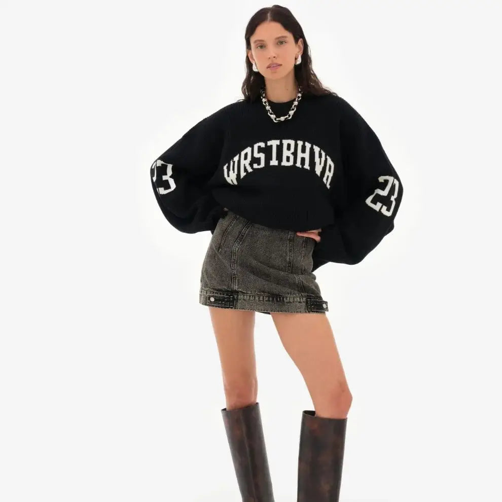 Trendiger lockerer Buchstaben-Jacquard-Strickpullover Damen 2025 Herbst Neu Highstreet Grau Schwarz Weicher Pullover Hottie Vielseitige Teile