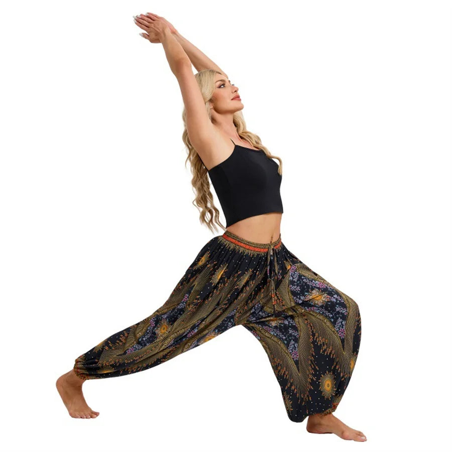 Damen Boho Weite Hosen Haremshose Erwachsene Hohe Taille Yoga Loose Laternenhose Atmungsaktive Strandhose Urlaub Bedruckte Jogger