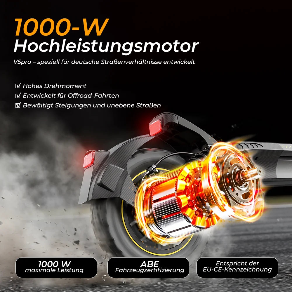 V5Pro Offroad E-Scooter 10 Zoll ABE zertifiziert 500W 48V12.5Ah Geländereifen Dual Federung E-Bremse Voltix APP Deutschland