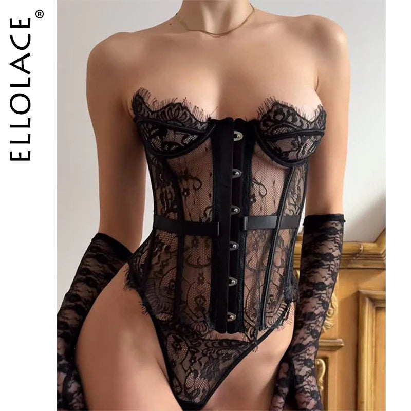 Ellolace Palace Damen Dessous Sets Weidenkorsett String 2-teiliges Set Sexy Heiß Trägerlos Spitze Ausgefallener tiefer V-Ausschnitt Damen Unterwäsche