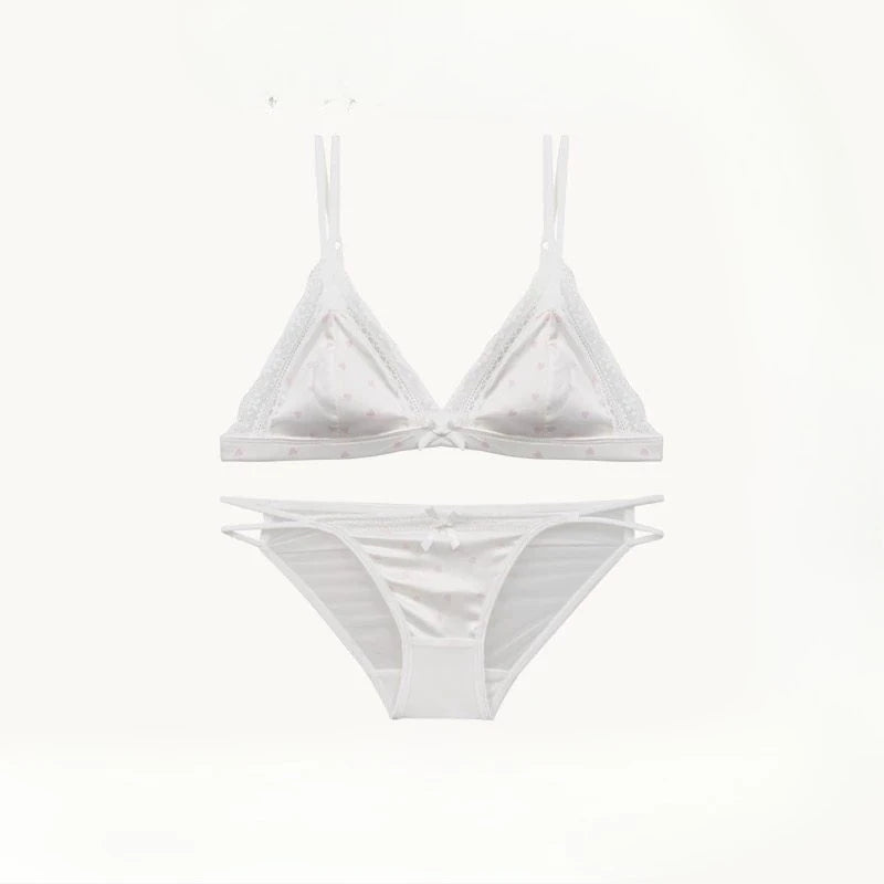 Französischer Stil Süßer Triangel-BH Lingerie Set Damen Satin Spitze Drahtlos Kleiner Busen Raffiniert Dünner Stoff Sexy Weiche Unterwäsche S-XL