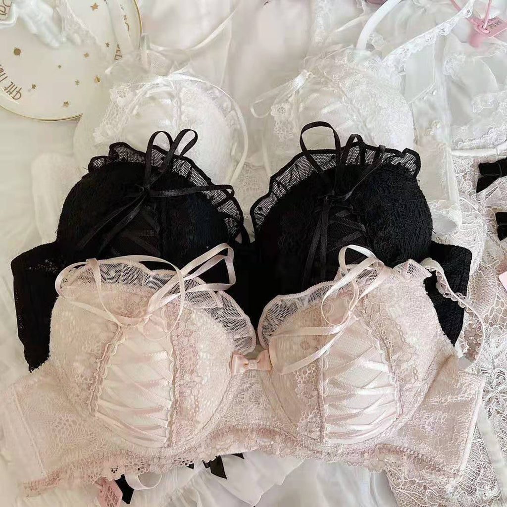 Lolita Mädchen Spitzen-BH-Sets Damen Unterwäsche Intimates Bralette Dessous Japanisch Rüschen Süß Sexy Dünne Körbchen Höschen