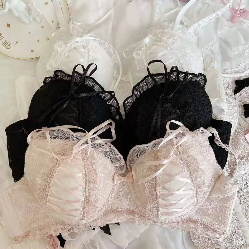 Lolita Mädchen Spitzen-BH-Sets Damen Unterwäsche Intimates Bralette Dessous Japanisch Rüschen Süß Sexy Dünne Körbchen Höschen