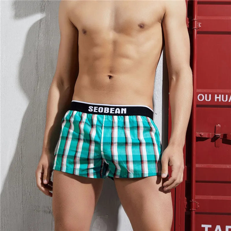 SEOBEAN Klassische Herren Boxershorts kariert 100% Baumwolle Unterwäsche Boxershorts U-konvexer Beutel Pfeil Panties Shorts Herren Schlafunterteile