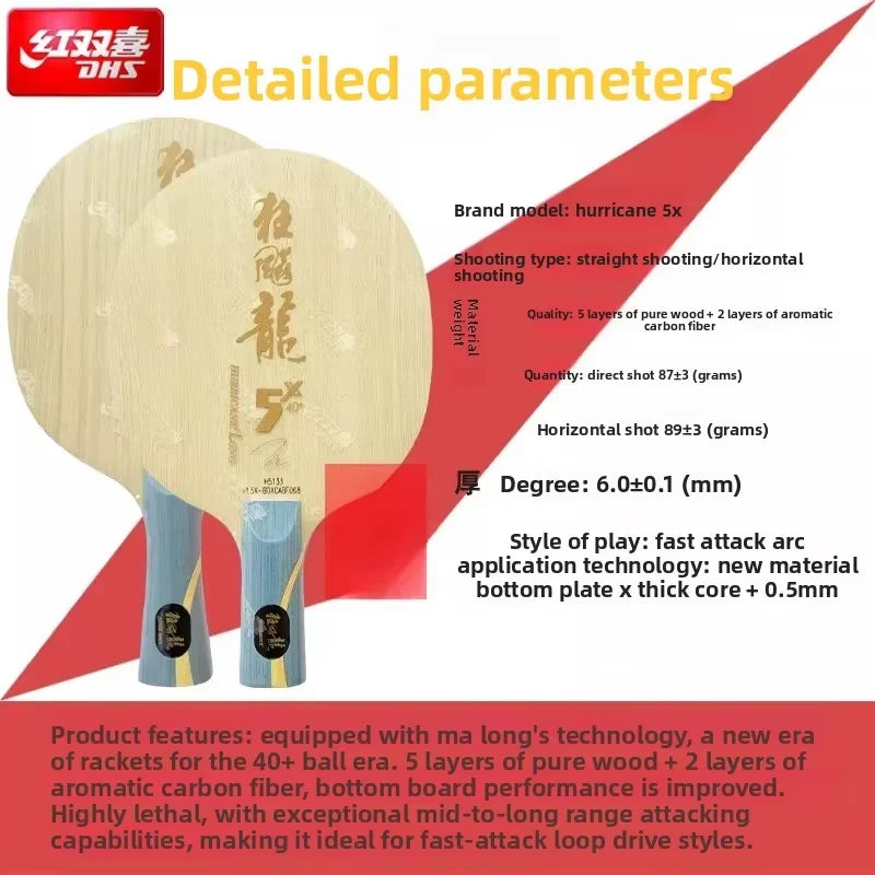 DHS Hurricane Long 5X Ma Long Profi-Tischtennisholz mit innerem Carbon-Griff Offensiv-Topspin-Tischtennis-Schlägerkombination für Sport