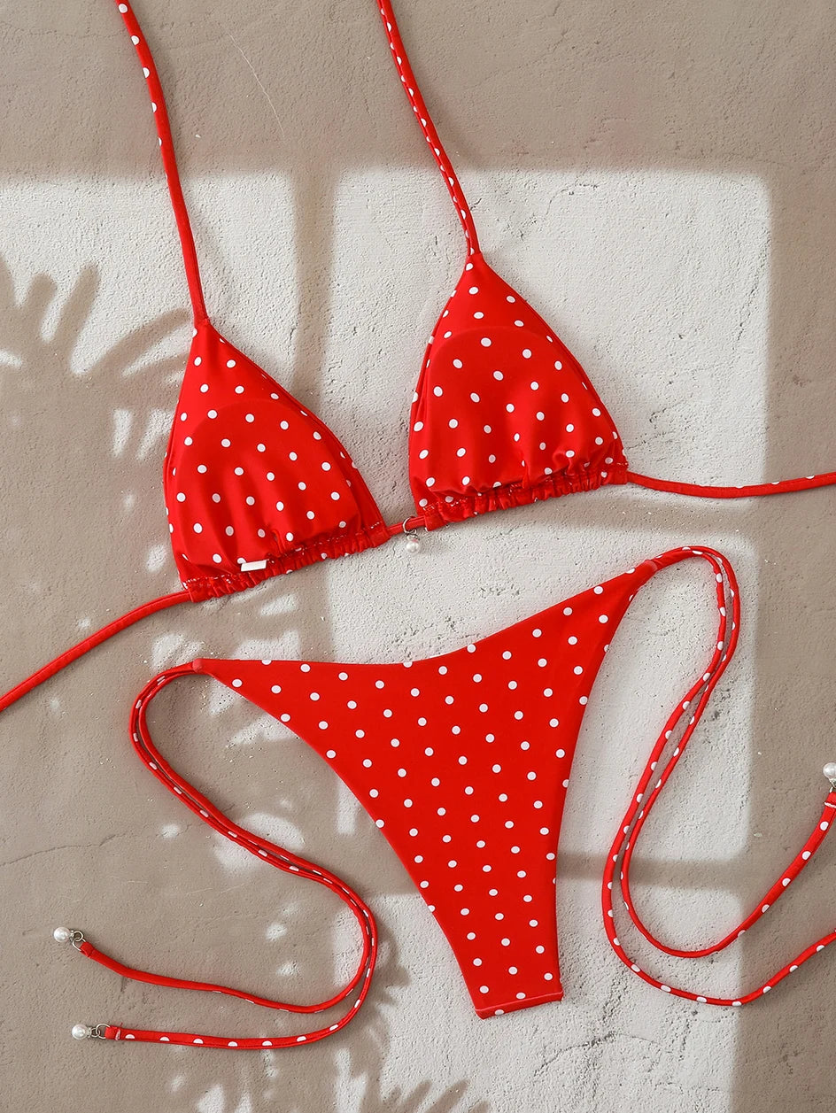 Sexy Micro-Bikini-Sets mit Perlenpunktdruck, Bademode 2026, Badeanzug für Damen, Strandkleidung, Damen Strand Sommer Bikini, zweiteiliger Badeanzug