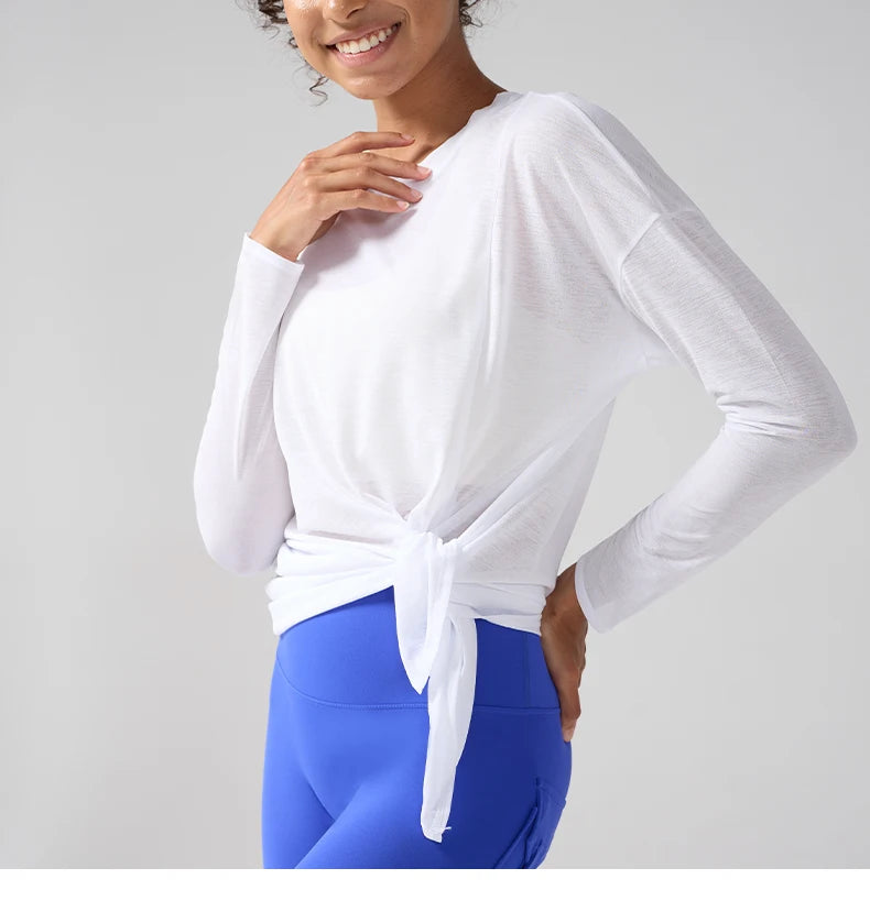 Mode Damen Atmungsaktive Lockere Schnelltrocknende Langarm Yoga Shirts Schlankmachende Seitenschlitze Freizeit Laufen Fitness Radfahren Oberteile
