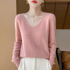 Damen 100% Merinowolle Pullover V-Ausschnitt Basic Pulli Herbst Winter Kaschmir Kleidung Langarm Weiche Strickware Oberteile Unifarben