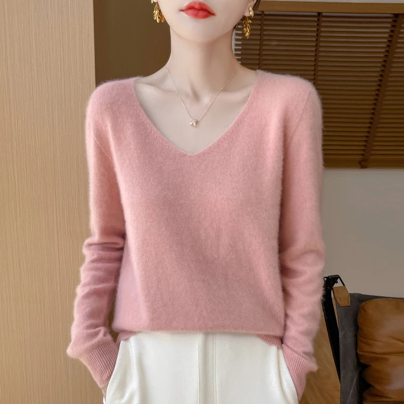 Damen 100% Merinowolle Pullover V-Ausschnitt Basic Pulli Herbst Winter Kaschmir Kleidung Langarm Weiche Strickware Oberteile Unifarben
