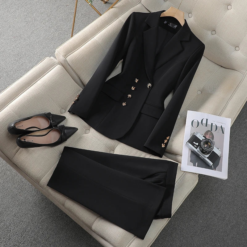 NAVIU Neu 2024 Damen Hosenanzüge Rosa Blazer und Jacken Set Büro Damen Arbeits Business Uniform Weiblicher Hosenanzug OL Stil Beige