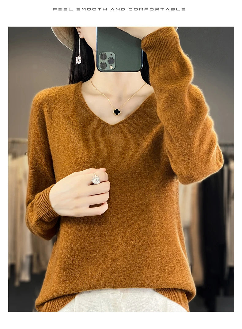 Damen 100% Merinowolle Pullover V-Ausschnitt Basic Pulli Herbst Winter Kaschmir Kleidung Langarm Weiche Strickware Oberteile Unifarben