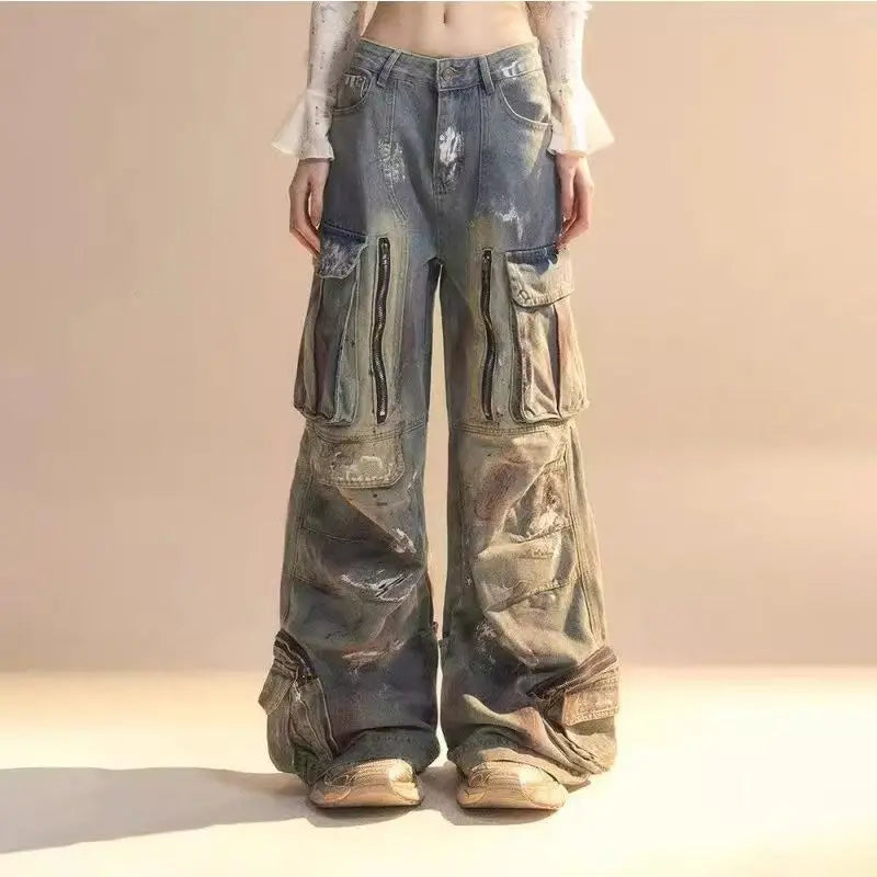 Y2K Harajuku Gothic Multi-Pocket Washed Black Jeans Herren Und Damen 2000er Heavy Industry Drag Pants Street Hip Hop Wide Leg Pants